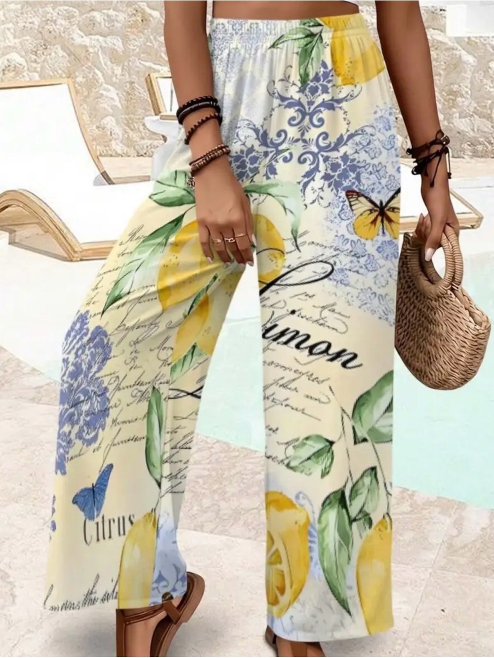 Women’s Lemon Print Wide-Leg Pants - Cream Yellow